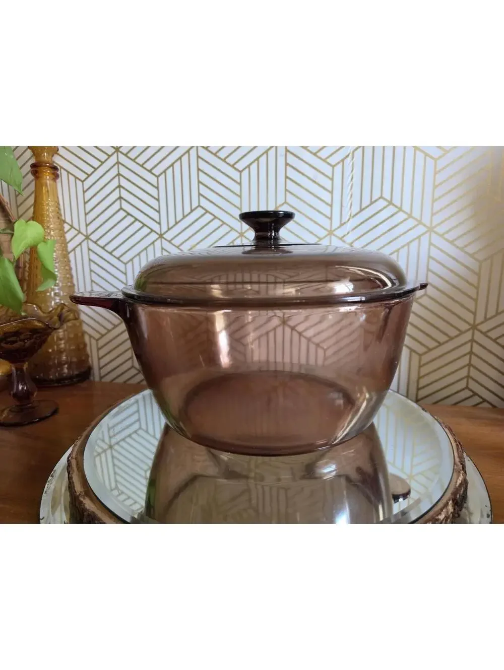 Vintage Vision Ware Brown/Amber Glass Dutch Oven 4.5L Stockpot W/ Lid